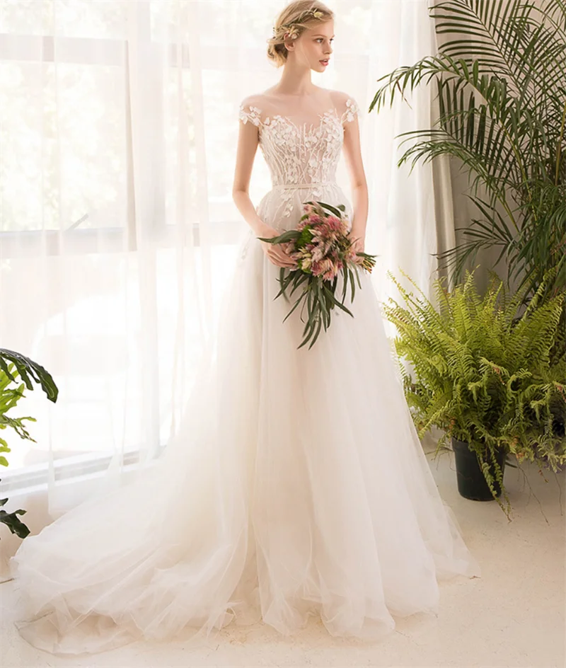 

2021 Pretty Sweep Train A-line Tulle Lace Applique Scoop Short Sleeve Simple Plain Wedding Dress Bride Gown Vestidos De Novia
