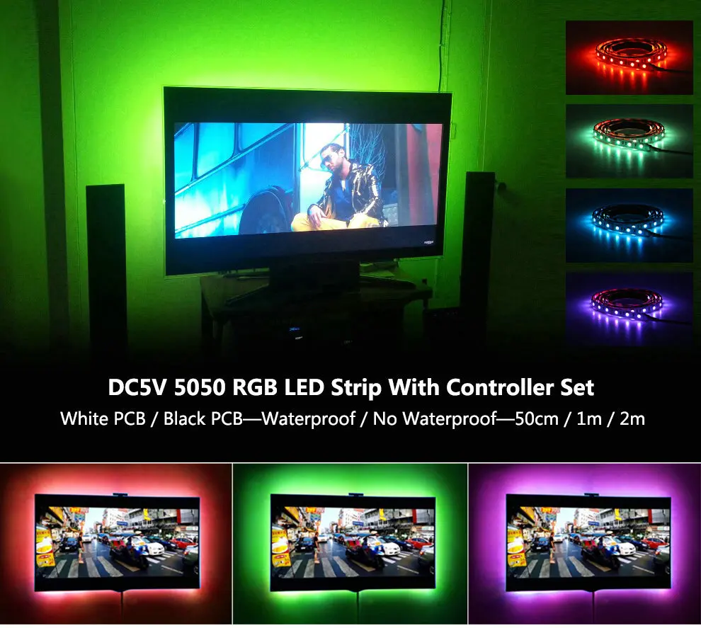 USB Светодиодная лента 5050 RGB сменная цветная гибкая светодиодная лента для самостоятельной сборки Водонепроницаемая не Водонепроницаемая 0,5 м 1 м 2 м с USB контроллером