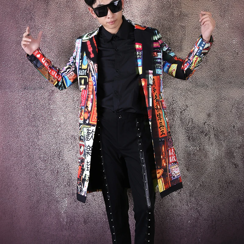 

Male Hip Hop Dancer Singer DJ Suit Coat Outerwear Stage Clothes Men Vintage Pattern Print Fashion Slim Fit Long Blazer Jacket
