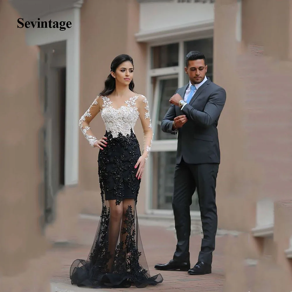 

Женское вечернее платье-Русалка Sevintage, черно-белое кружевное платье из тюля с длинным рукавом, для выпускного вечера