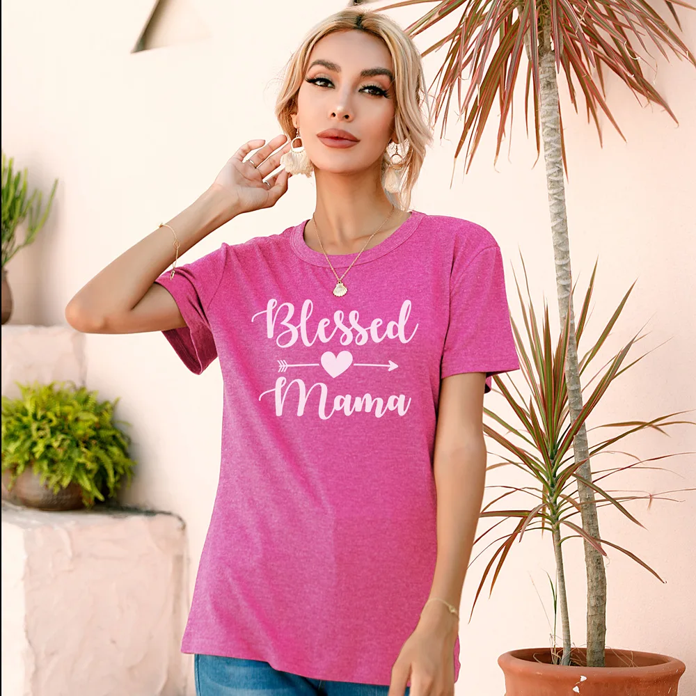 

Lady Graphic Blessed Mama Letter Print Originality Soft Harajuku Short Sleeve Casual Fashion Funny Tops Female Summer Regular