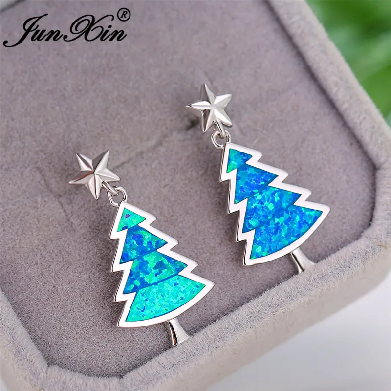 Christmas Tree Stud Earrings For Women Men White Gold Rose Color Blue Fire Opal Wedding Cute Star Earring Jewelry | Украшения и