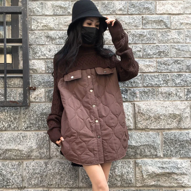

Cotton Knitted Splice Turtleneck Cardigan Causal Loose 2022 Autumn Winter Woman Sweaters Coat Long Sleeve Tops Women Clothes New