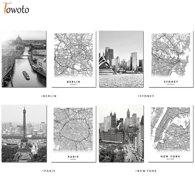 Современный холст печать постер Нью Йорк Берлин Сидней Париж Карта города черный