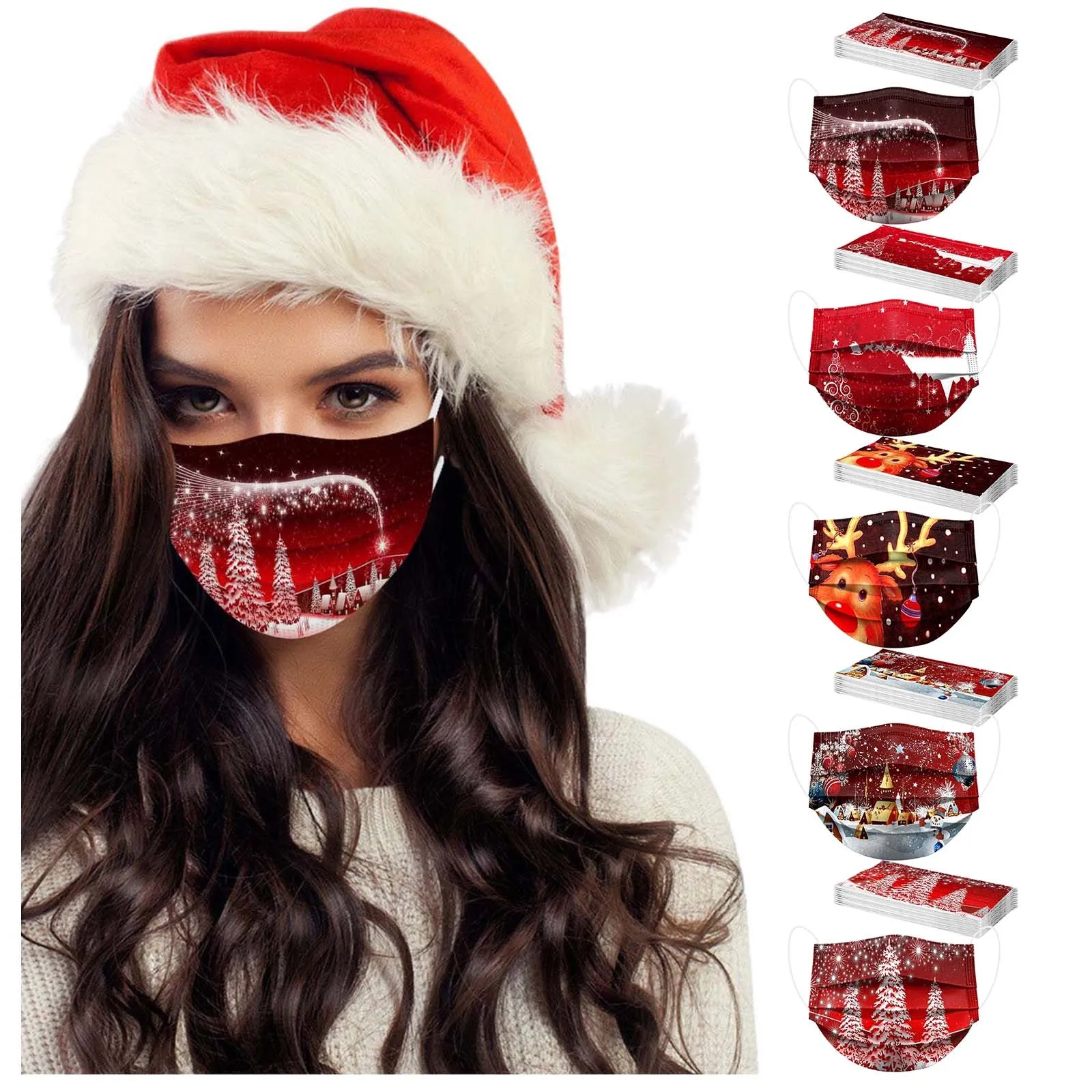 

50pc Adult Face Mask Disposable Face Mask Merry Christmas Printed 3ply Ear Loop Unisex Mouth Cover Mascarillas Halloween Cosplay