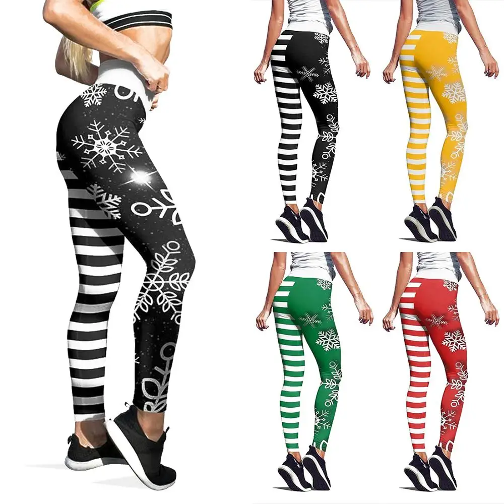 

Qickitout 12% Spandex Merry Christmas High Waist Elasticity Women Printed Snowflakes Cute Pretty Leggings Black Workout Pants