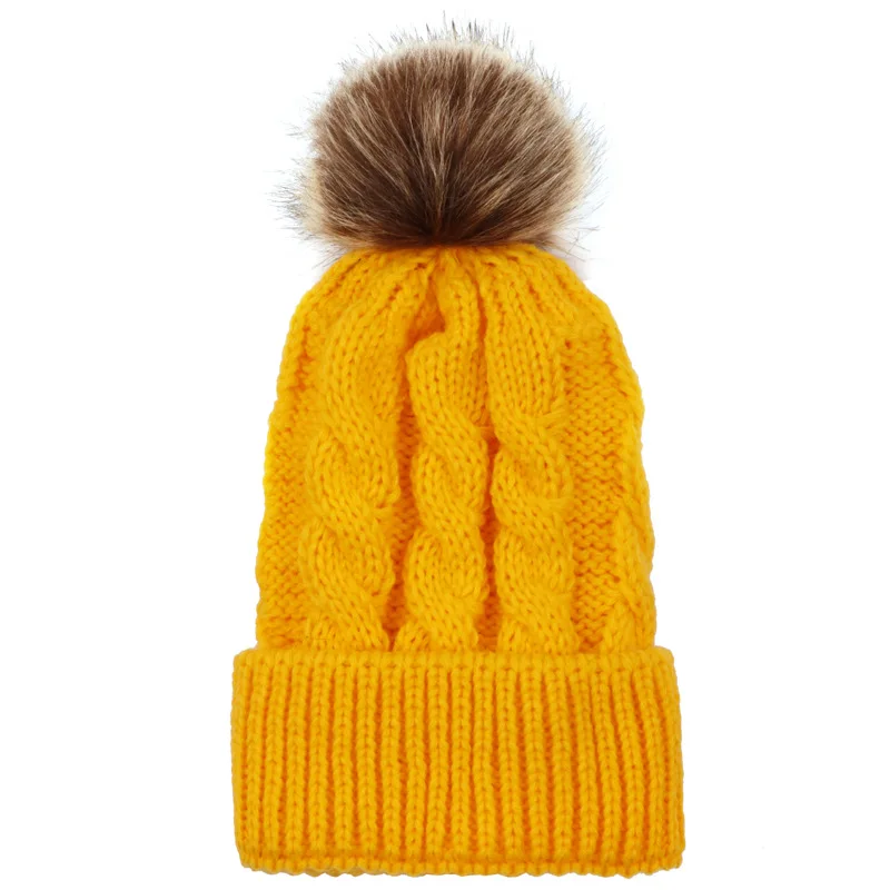 Adult yellow Семейные одинаковые шапочки Hairball Детские наряды с шапкой твист вязаные родитель-Детские шапочки младенец помпон мама ребенок вязание теплые шапки - Цвет: Adult yellow