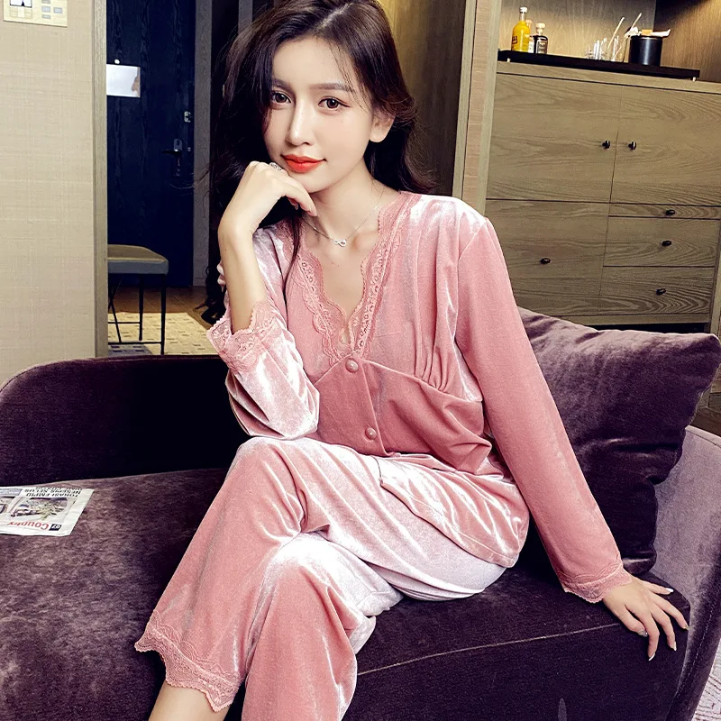 Button Up Pajama Set Woman Winter Simple Lace Pajamas Set Warm Fashionable Sexy Home Wear Plush Long Sleeve Pajamas Set