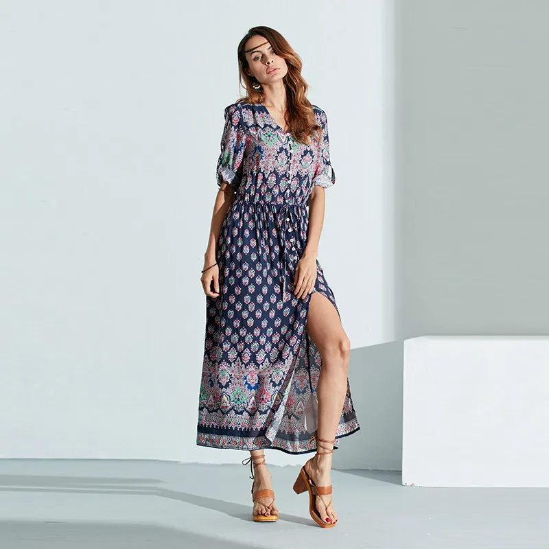 Длинное платье с цветочным принтом летние и осенние женские пляжные Макси-платья