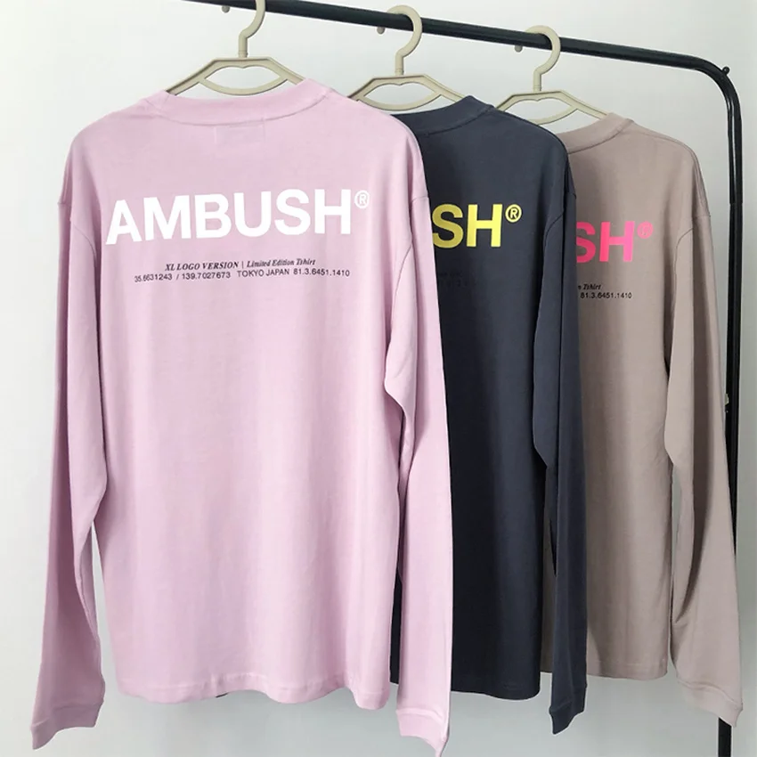 

Pink Apricot Big Logo AMBUSH T-shirt Men Women Solid Color Tags Casual Top Tee AMBUSH Long Sleeve Reflective T Shirt