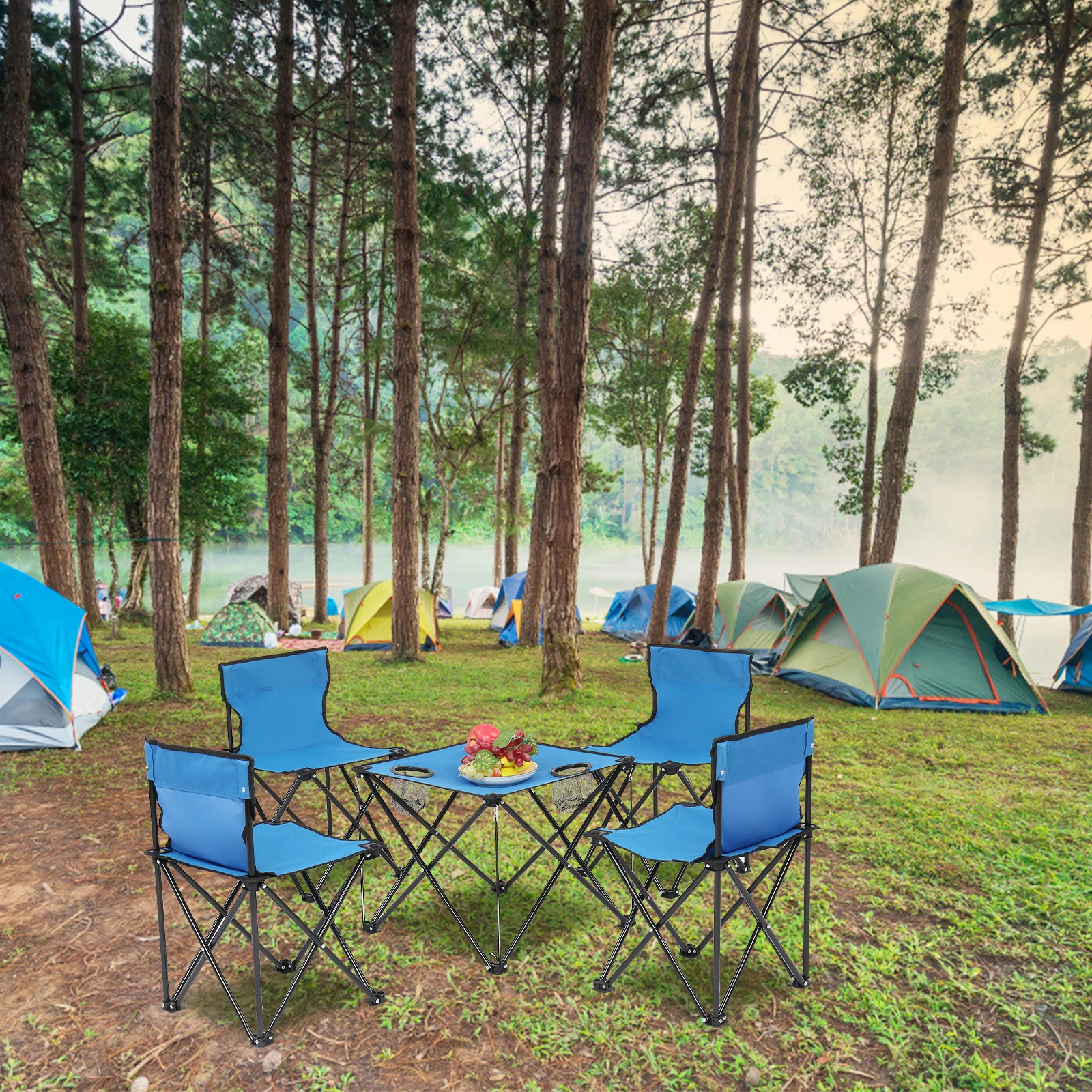 저렴한 옥스포드 천 캠핑 접이식 1 사각형 테이블 4 의자 세트 블루 야외 정원 피크닉 데스크 휴대용 하이킹 파티오 낚시 좌석 낚시
