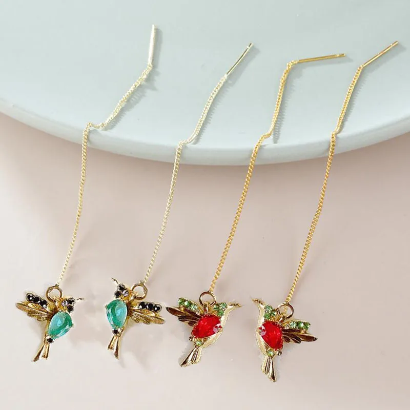 

1Pair Fashion Crystal Bird Dangle Earrings Long Tassel Chain Earrings Women Jewelry