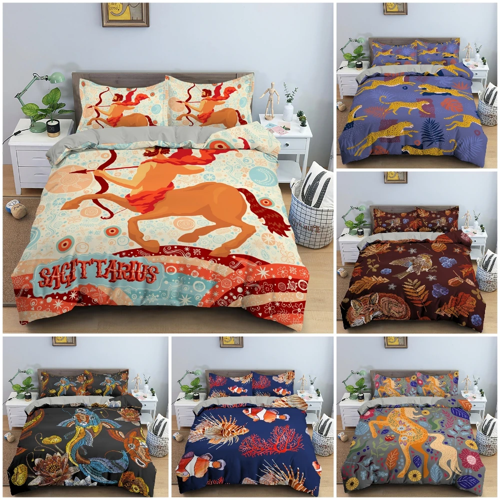 

Abstract Folk Style Bedding Set Duvet Cover Animal With Flowers And Constellation Pattern Quilt Cover Psychedelic Bedclothes