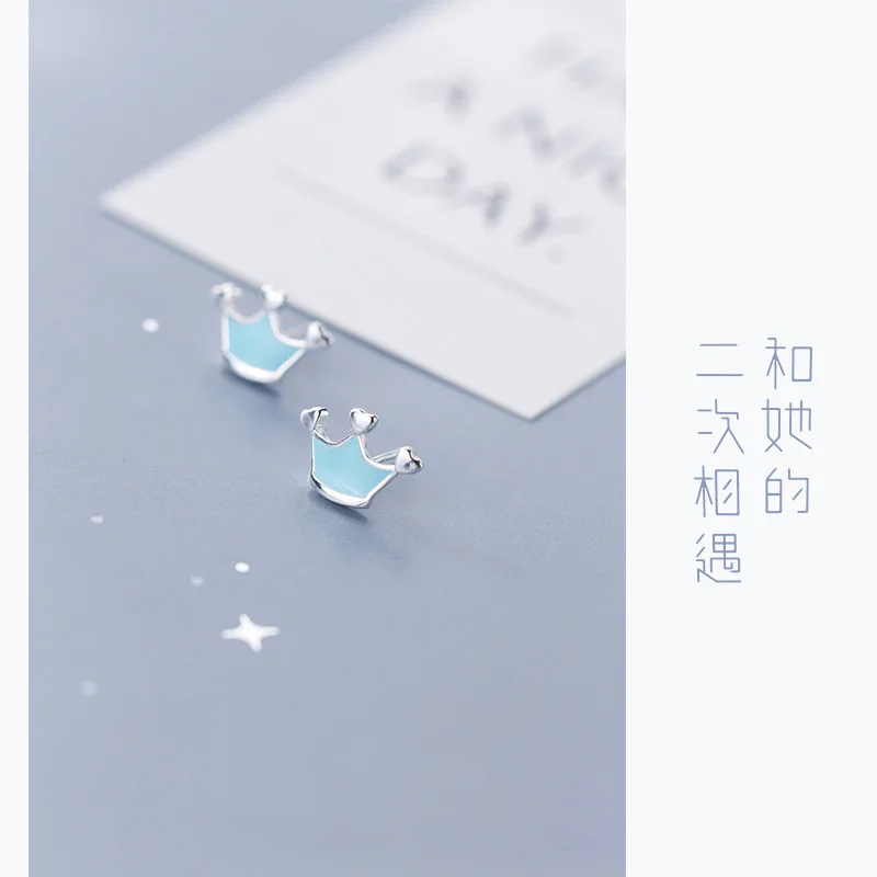 Серьги гвоздики женские из серебра 100% пробы с синей короной|Серьги-гвоздики| |