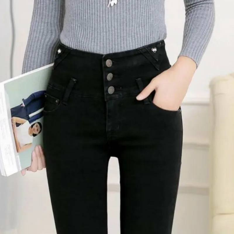 

2020 Winter Thick Warm Fleece Woman Denim Pants High Elastic Waist Slim Jeans for Women Autumn Spring Pencil Pant Female