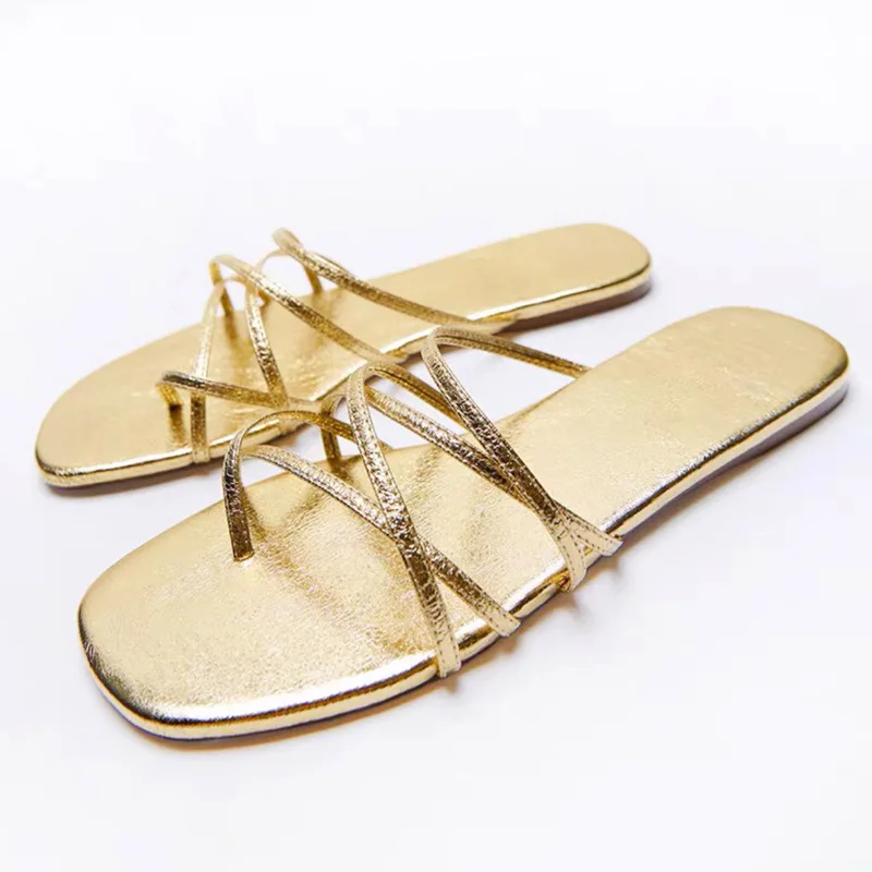 

ZAR 2021 Summer New Fashion Golden Square Toe Flat Pinch Sexy Outer Wear Sandals And Slippers Women Beach Luxury Brand Plus Size