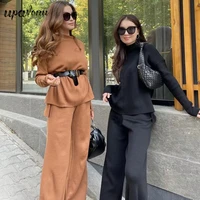 free shipping womens solid color knitted suit elegant stand collar long sleeve loose pullover straight pants two piece set