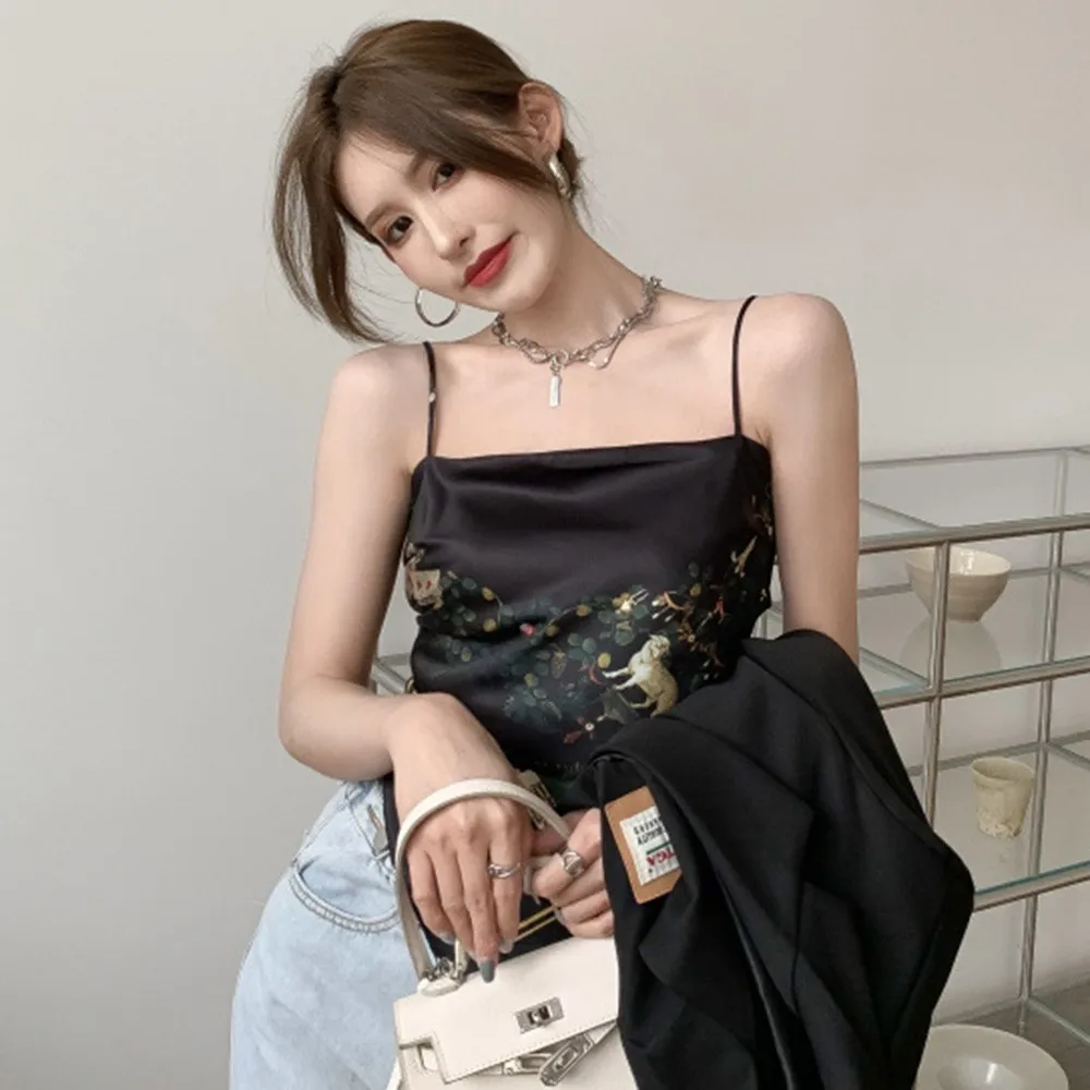 

Women Summer Sexy Tank Tops Spaghetti Strap Sleeveless Crop Top Women Satin Silky Camisoles Backless Assymmetric Casual Vest
