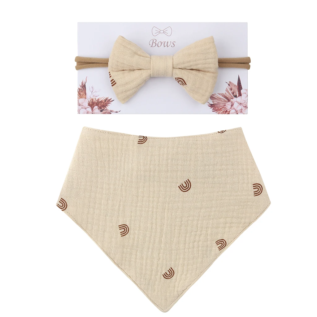 

2 Pcs Baby Girls Elastic Bow Headband Saliva Towel Set Princess Bowknot Hair Band Bibs Feeding Burp Cloth Kit Soft Pure Cotton S