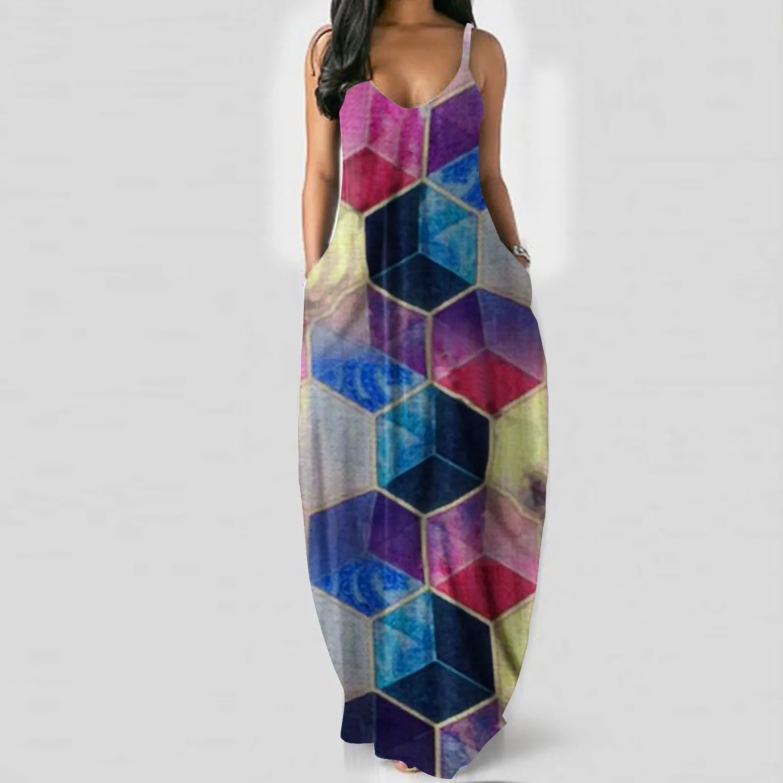 

Винтажное платье, модное женское длинное платье в ретро-стиле с многоугольным принтом, глубоким V-образным вырезом и лямкой на шее, платье ма...