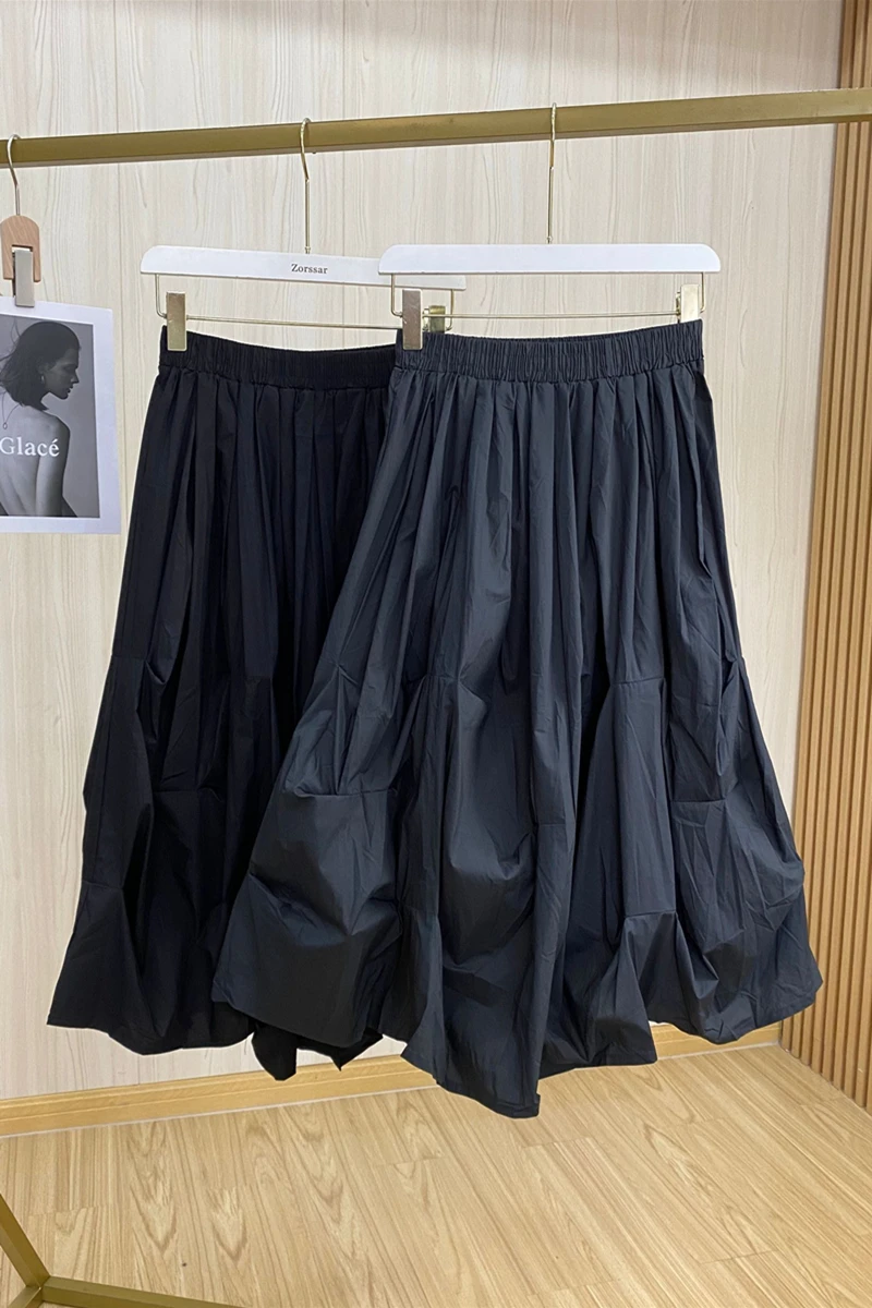 

2021 Summer Irregular High Waist Mid Length Skirt Women Elastic High Waist A Line Skirt Female Korean Black Pleated Skirt
