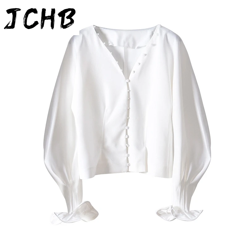 

JCHB 2021 New Spring And Summer Fashion Casual Long Sleeve Loose Point Puffy Trumpet Sleeve Shirt Coat Female SH166