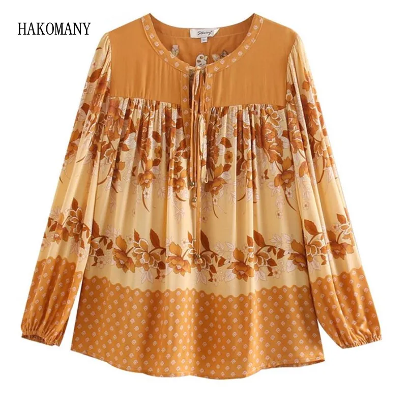 

2020 Bohemian Pink Orange Floral Print Pullover Shirt Ethnic Women Bell Bow Lace Up O neck Long Sleeve Pullover Blouse