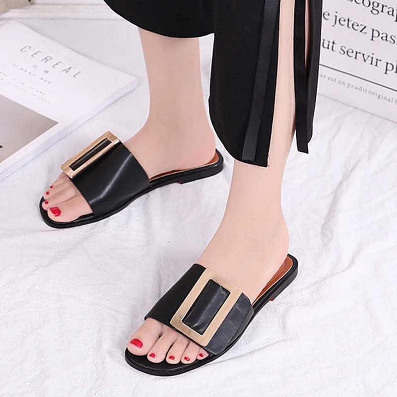 Сланцы женские с квадратным носком модные шлепанцы пряжкой летняя обувь для