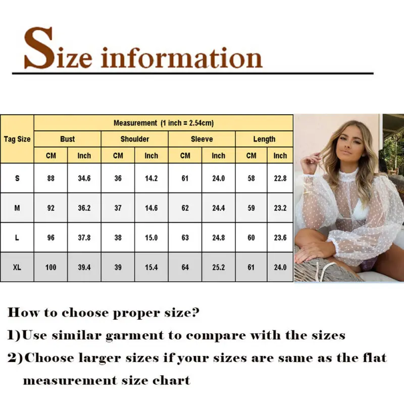 

Women Polka Dot Mesh Sheer See-through Puff Long Sleeve Tops Blouse Tee Shirts