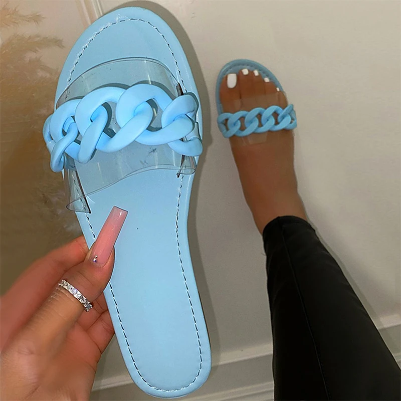 

Women Chain Tansparent Slippers Female 2021 New Summer Beach Shos Sewing Metal Slides Ladies Fashion Open Toe Flat Plus Size 42