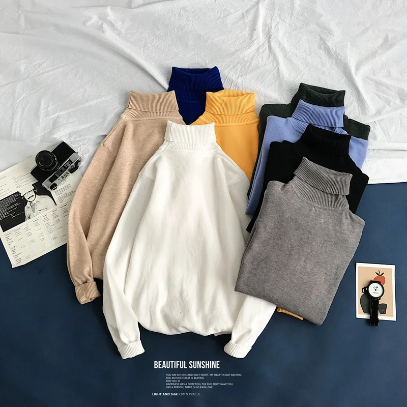 2019 Men's Solid Color Fashion Coats Woollen Knitting Loose Turtleneck Keep Warm Cashmere Sweater Elastic Clothes Size S-2XL |
