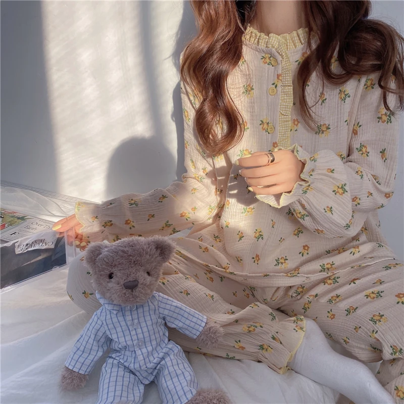 

CBAFU spring autumn pajamas set long sleeve top pullovers pants sleepwear floral print 100% cotton homewear 2 piece set M766