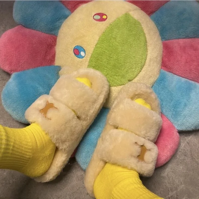 

2021 New Women Fur Slippers Outer Wear Thick-bottomed Plush Flip-flops Women's Home Rabbit Fur Outdoor Wild Double-layer Slides