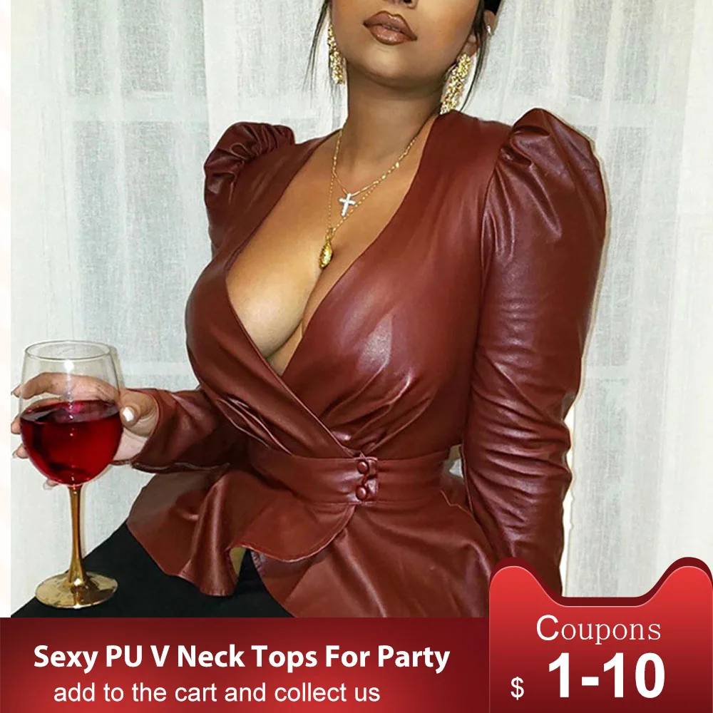 Женская приталенная куртка из искусственной кожи с v образным вырезом и длинным