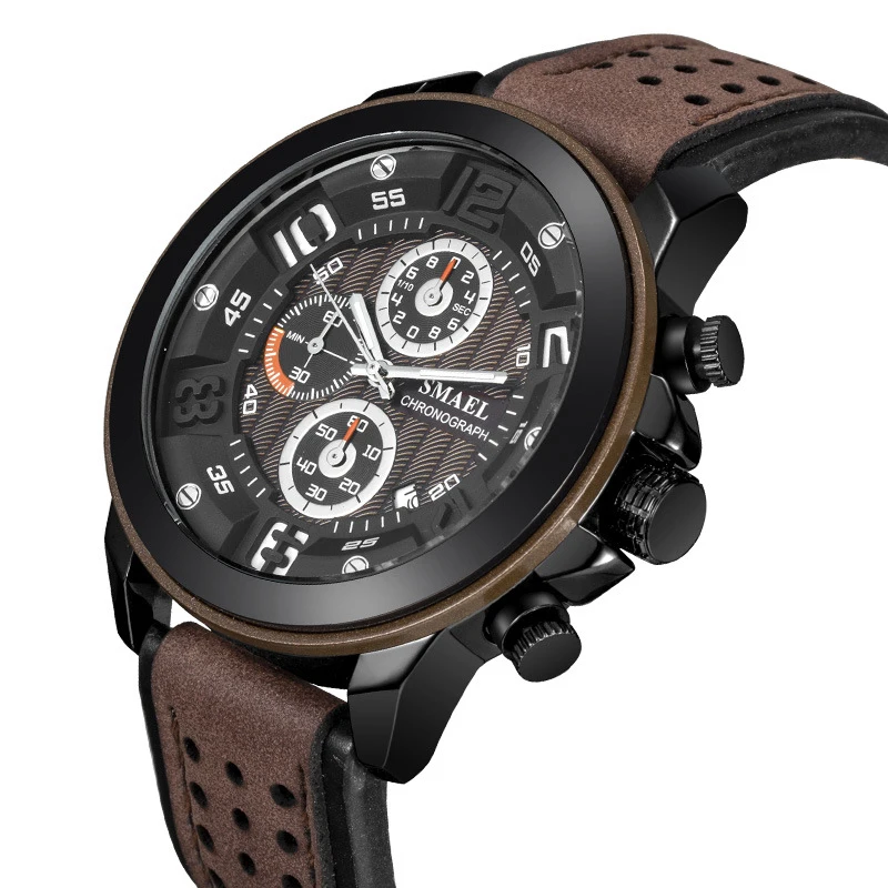 Мужские водонепроницаемые кварцевые часы с хронографом и кожаным
