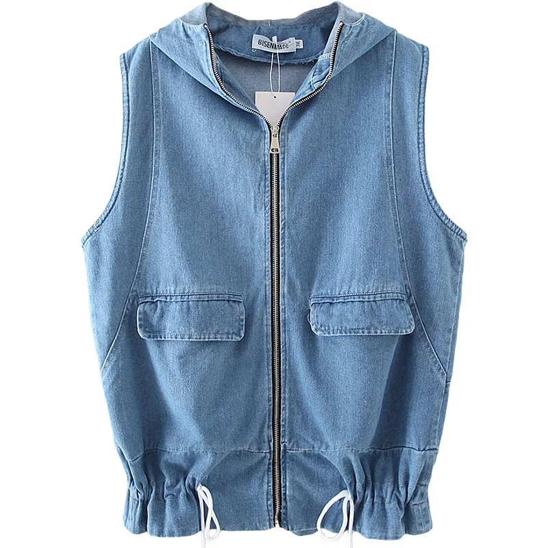 Женский джинсовый жилет с отворотом весенний однотонный облегающий капюшоном