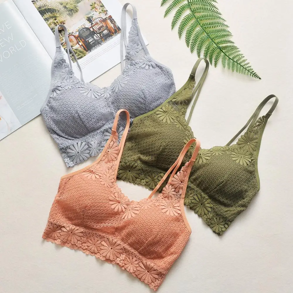 

Women Sexy Solid Color Padded Wireless Floral Lace See Through Push up Thin Bra