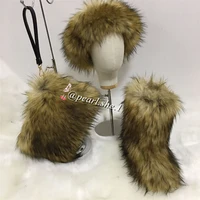 fashion fox faux headband furry purses sets winter boots for women snow black boots women yellow boots women with bag