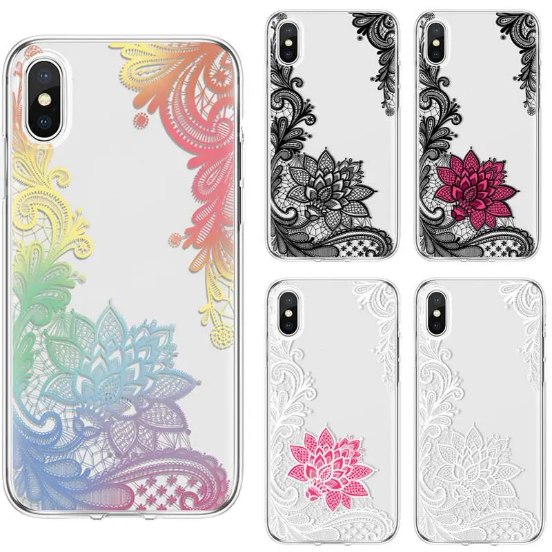 Ультратонкий кружевной чехол для телефона с цветочным рисунком прозрачный