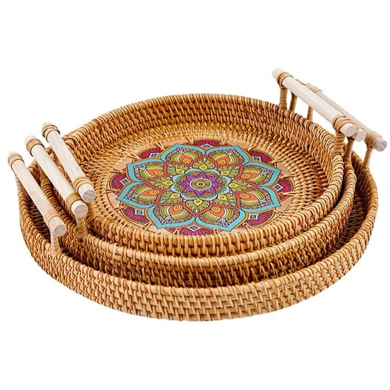 

Плетеная корзина для хлеба из ротанга с синим деревянным дном, круглый поднос с ручкой, подходит для хлеба, фруктов-A