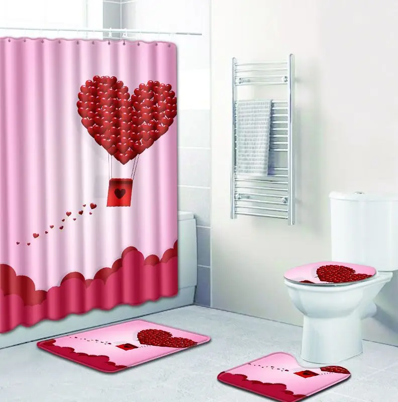 

Heart Printing Bath Mat and Shower Curtain Set Flannel Foot Mats Suit Bathroom Decor Carpet Absorbent Toilet Rugs Suit