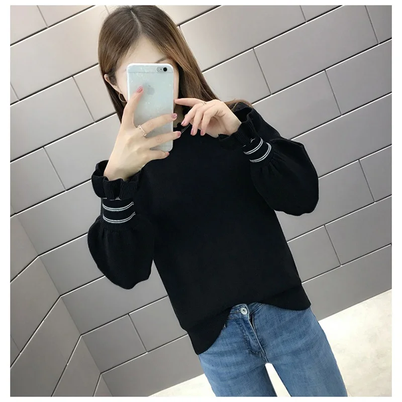 

New Autumn Winter Women's Flare Sleeve Sweater Casual Loose F59 Bottoming Shirt Long Sleeve Turtleneck Striped Jumper Jersey