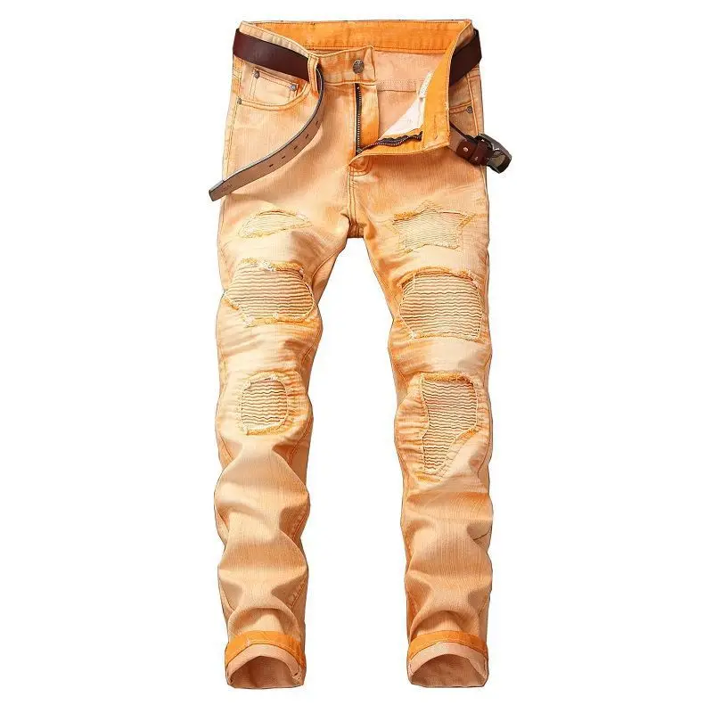 Men's Red Ripped Denim Pants Knee Hole Zipper Biker Jeans Men Slim Skinny Destroyed Jean Pants Hip-Hop Motorcycle Denim Trousers