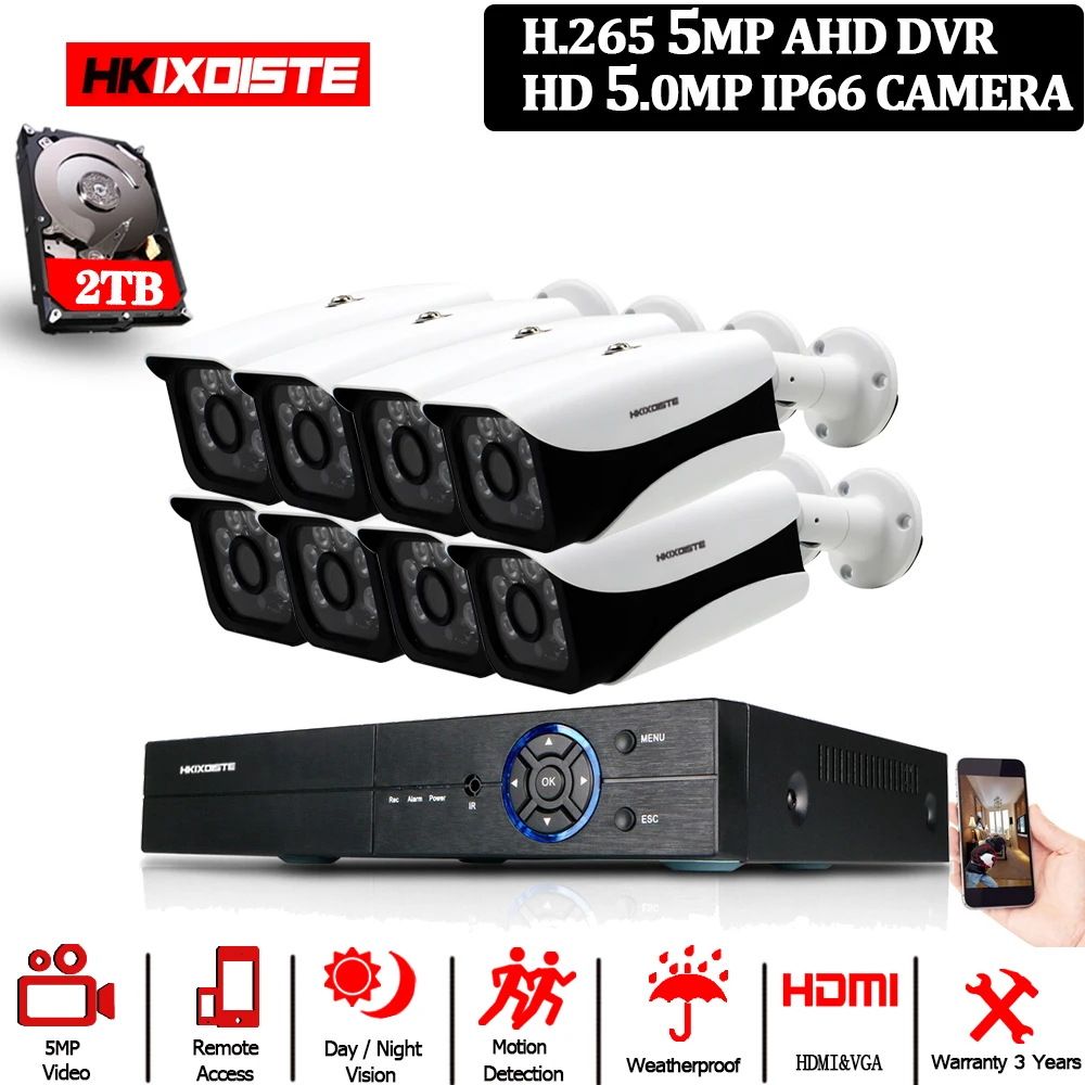 Комплект для видеонаблюдения HKI DVR 5MP 16CH Аудиозапись звука интерфейс RJ45 RS485 BNC 8 шт.