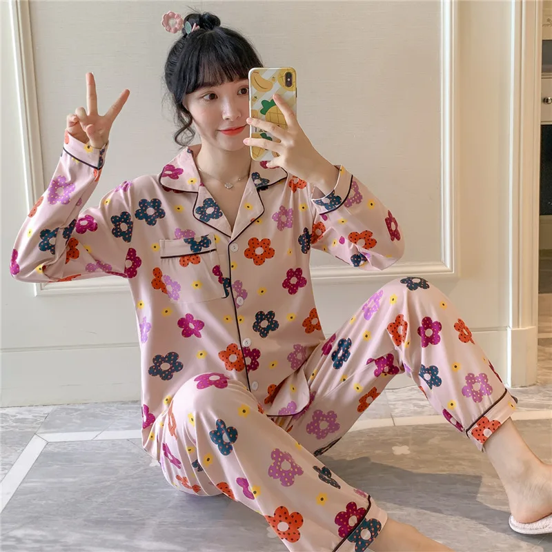 

Spring and Autumn Long-sleeved Trousers Pajamas Female Cute Cartoon Sweet and Comfortable Korean Homewear Flower Print Pajamas
