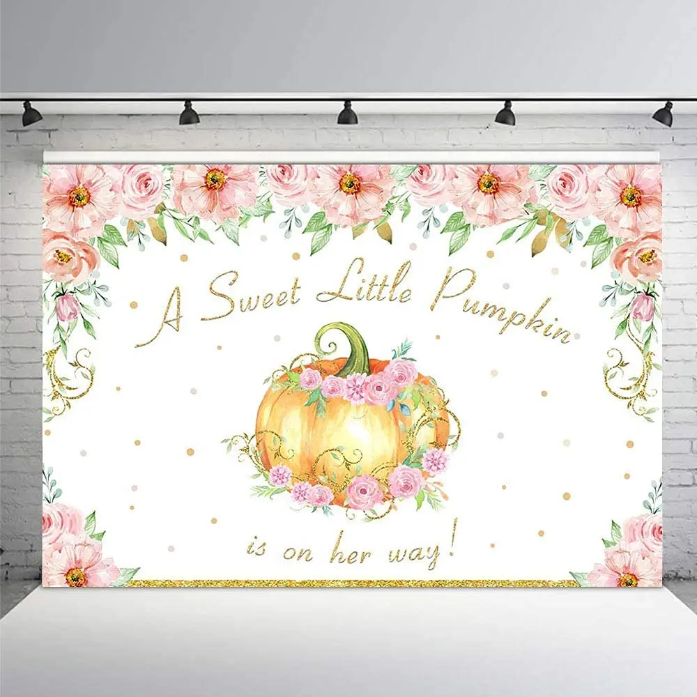 Little Pumpkin Girl Baby Shower Pink Floral Gold Confetti Photography Backdrops Props Fall Autumn It's A Girl Baby Shower Party enlarge