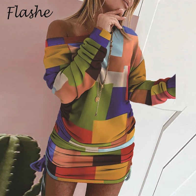 

Женское праздничное платье, Короткое облегающее платье с открытыми плечами, с принтом, с длинным рукавом, для осени, 2021