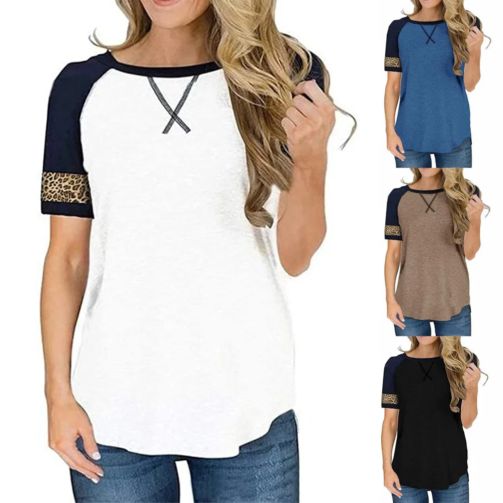 

Women's Top T-Shirt Leopard Print Stitching Hit Color Round Neck Short-Sleeved T-Shirt Summer Hot