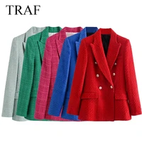 traf za women jacket plaid texture solid double breasted blazer notched coat office wear long sleeve pocket elegant chic outwear