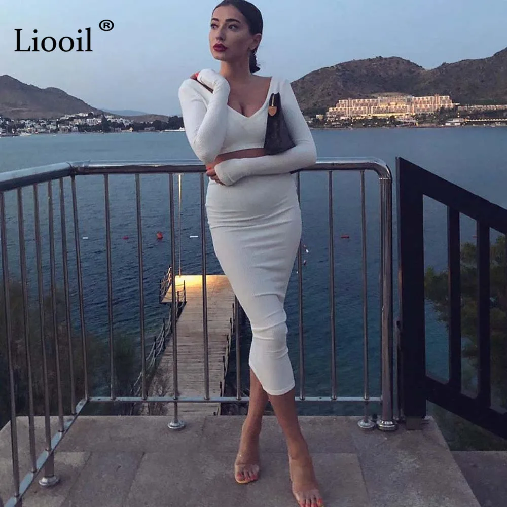 Белый 2 шт. трикотажный комплект короткий свитер Топ и Bodycon Юбка макси юбки для